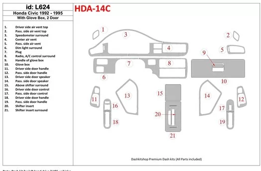 Honda Civic 1992-1995 4 Doors, With glowe-box BD innenausstattung armaturendekor cockpit dekor - 1- Cockpit Dekor Innenraum