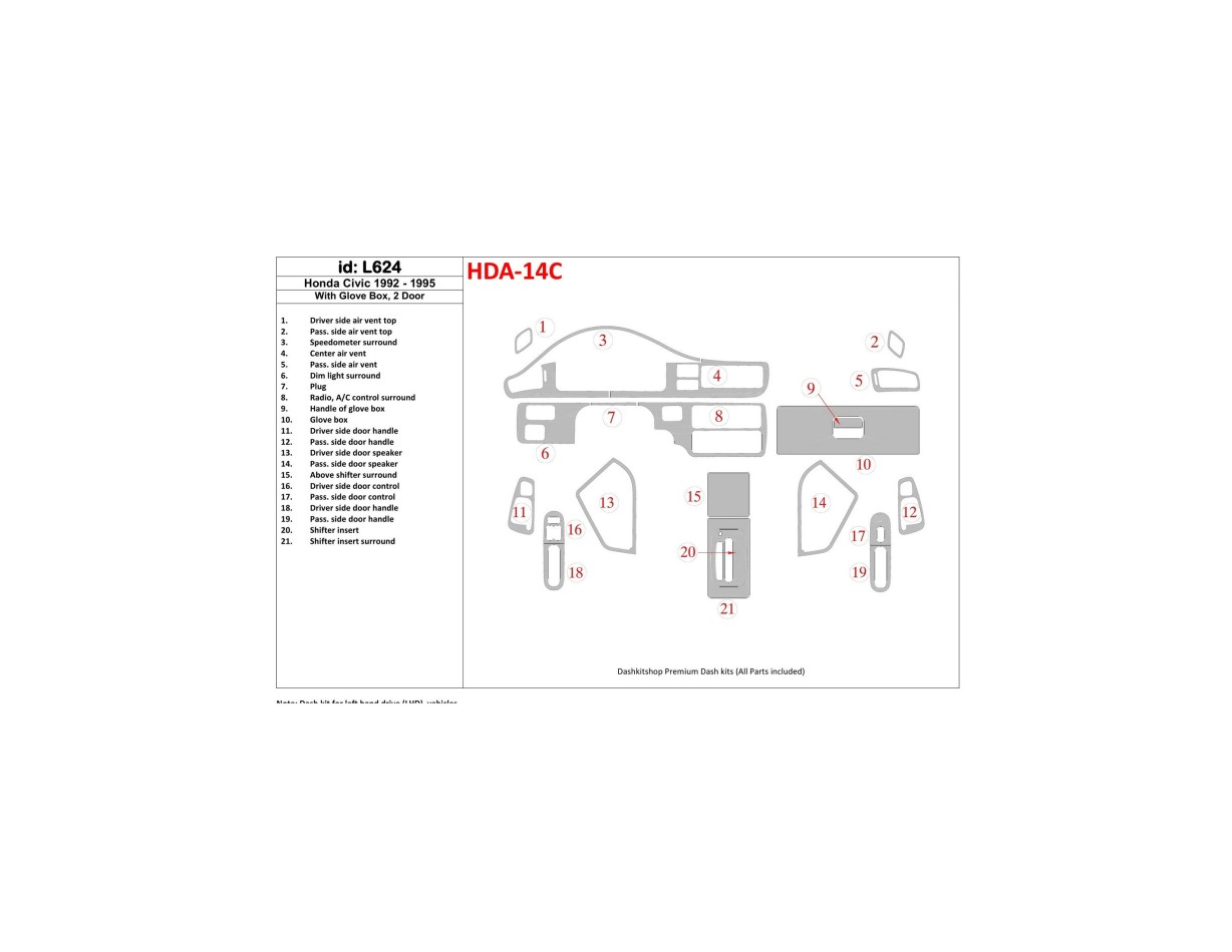 Honda Civic 1992-1995 4 Doors, With glowe-box BD innenausstattung armaturendekor cockpit dekor - 1- Cockpit Dekor Innenraum