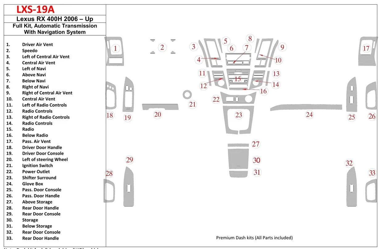 Lexus RX 400H 2006-UP Full Set, Automatic Gear, With Navigation Mascherine sagomate per rivestimento cruscotti 