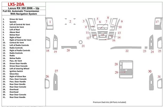 Lexus RX 350 2006-UP Full Set, Automatic Gear, With Navigation Interior BD Dash Trim Kit