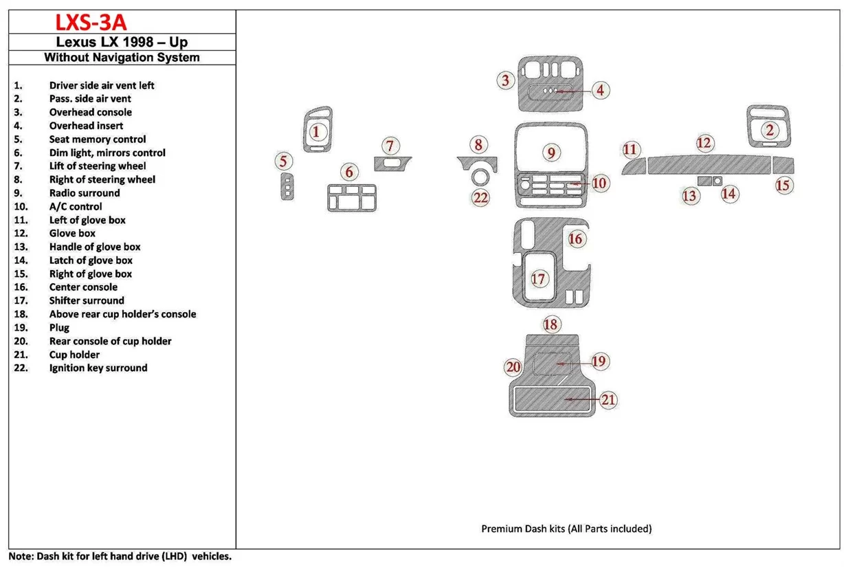 Lexus LX-470 1998-UP Without NAVI system, 22 Parts set OEM Compliance BD innenausstattung armaturendekor cockpit dekor