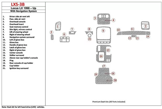 Lexus LX-470 1998-UP With NAVI system, 22 Parts set OEM Compliance BD innenausstattung armaturendekor cockpit dekor