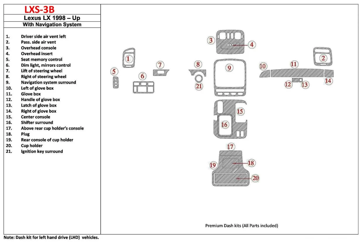 Lexus LX-470 1998-UP With NAVI system, 22 Parts set OEM Compliance Mascherine sagomate per rivestimento cruscotti 