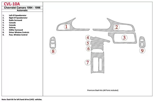 Chevrolet Camaro 1994-1996 Automatic Gearbox, 9 Parts set BD Décoration de tableau de bord