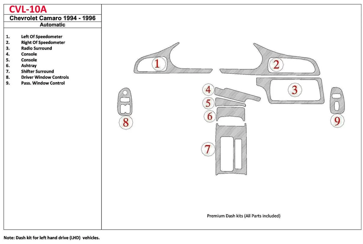 Chevrolet Camaro 1994-1996 Automatic Gearbox, 9 Parts set BD innenausstattung armaturendekor cockpit dekor