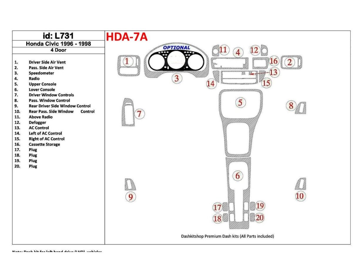 Honda Civic 1996-1998 4 Doors, Full Set, 20 Parts set Cruscotto BD Rivestimenti interni