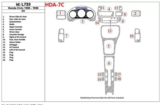 Honda Civic 1996-1998 DX, 18 Parts set BD Kit la décoration du tableau de bord - 1 - habillage decor de tableau de bord