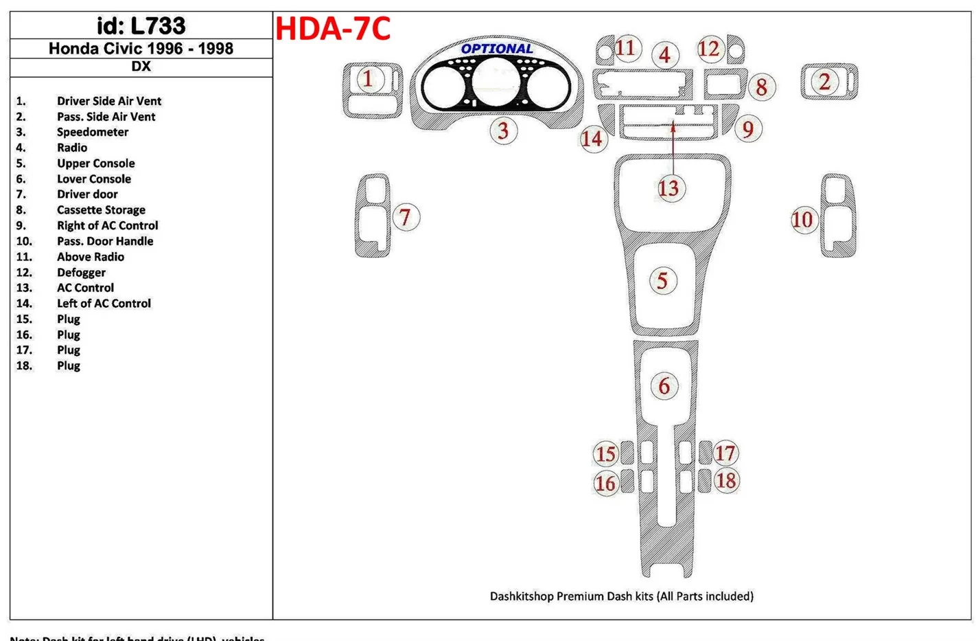 Honda Civic 1996-1998 DX, 18 Parts set BD Interieur Dashboard Bekleding Volhouder