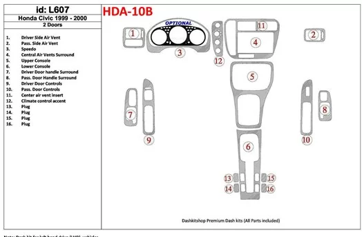 Honda Civic 1999-2000 2 Doors 16 Parts set BD Interieur Dashboard Bekleding Volhouder