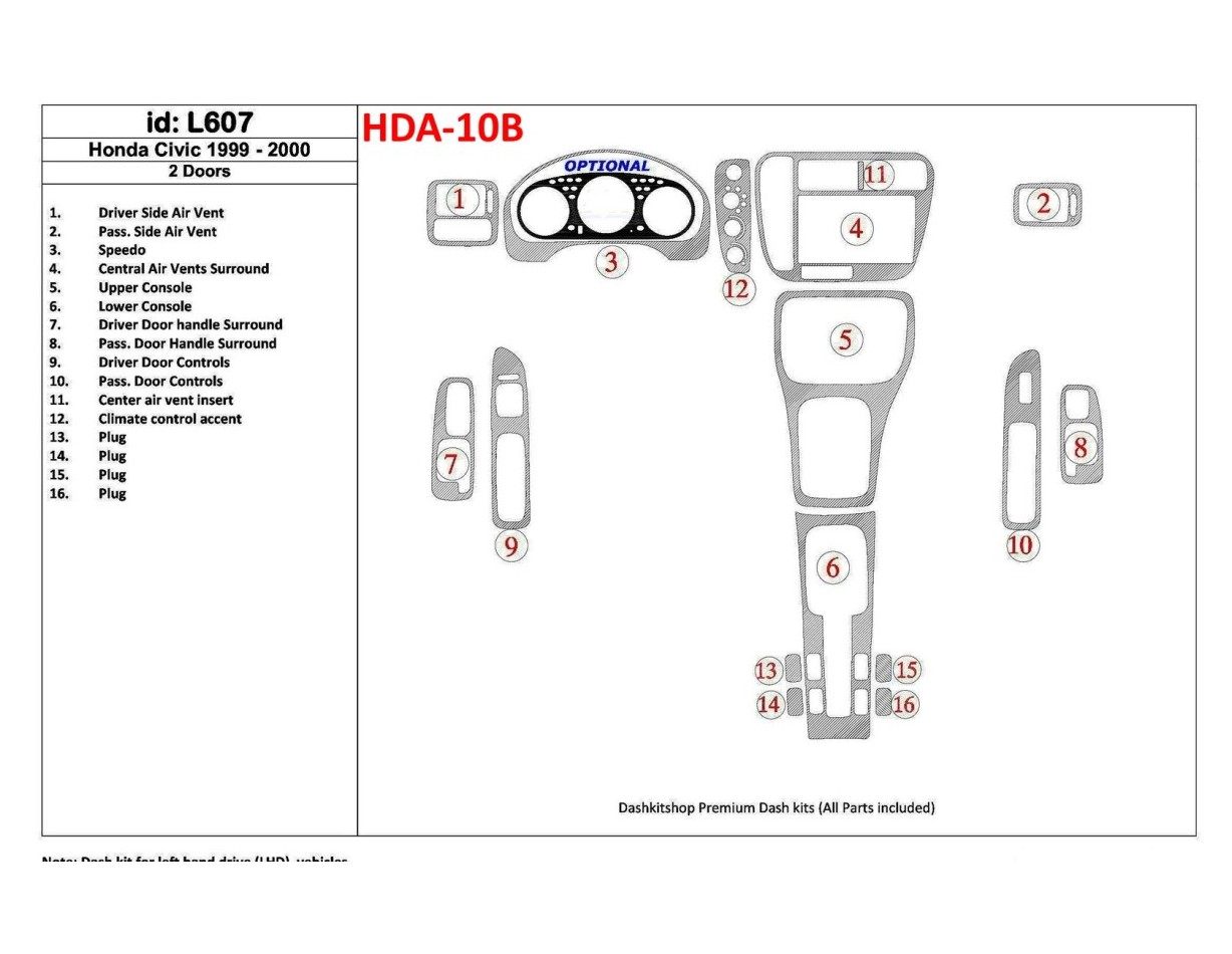 Honda Civic 1999-2000 2 Doors 16 Parts set Cruscotto BD Rivestimenti interni