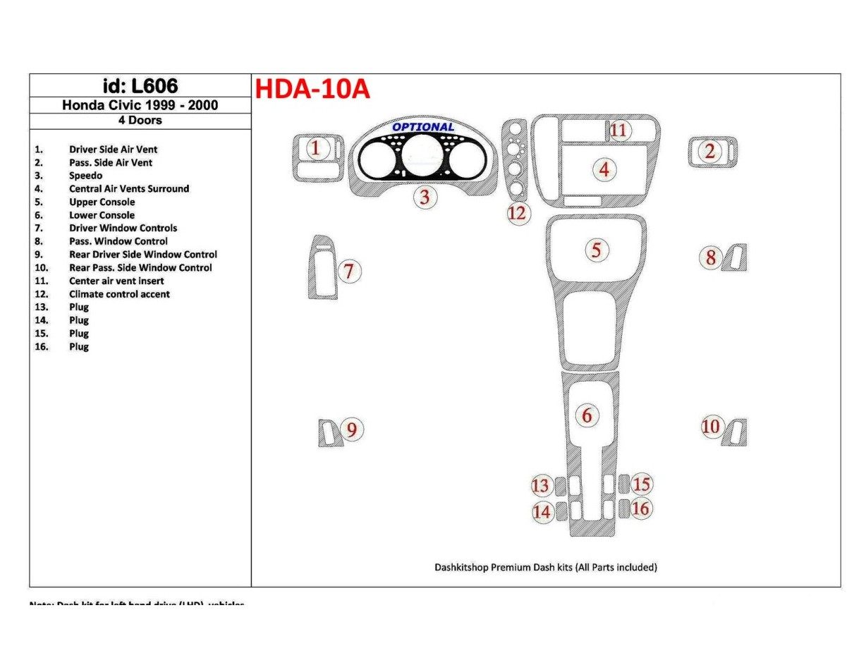 Honda Civic 1999-2000 4 Doors 16 Parts set BD innenausstattung armaturendekor cockpit dekor - 1- Cockpit Dekor Innenraum