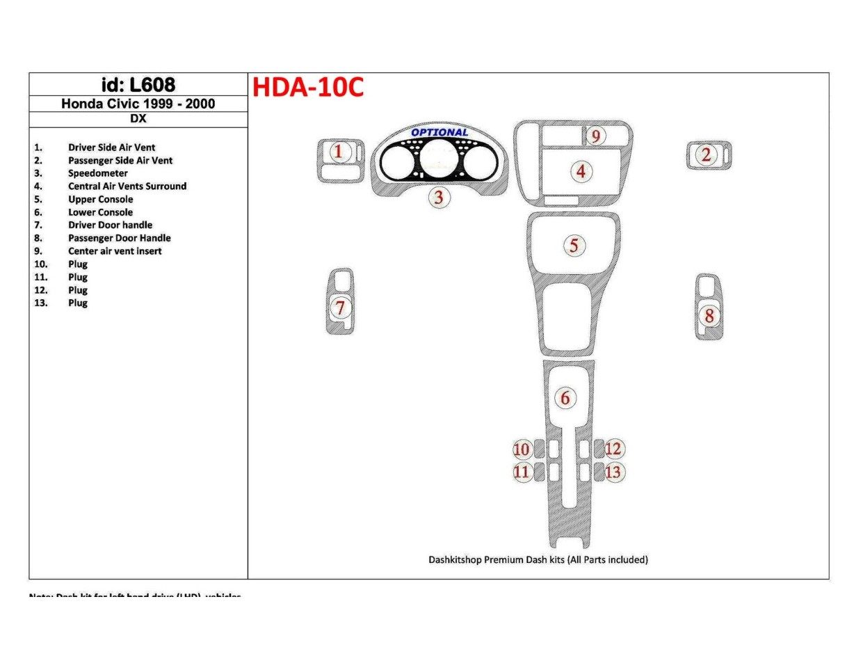 Honda Civic 1999-2000 DX, 13 Parts set Interior BD Dash Trim Kit