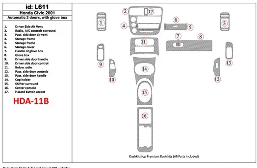 Honda Civic 2001-2001 Automatic Gearbox, 2 Doors, with glowe-box, 17 Parts set BD innenausstattung armaturendekor cockpit dekor 