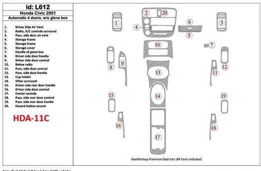 Honda Civic 2001-2001 Automatic Gearbox, 4 Doors, Without glowe-box, 20 Parts set BD innenausstattung armaturendekor cockpit dek