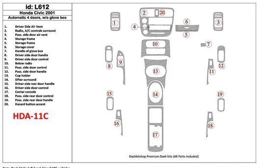 Honda Civic 2001-2001 Automatic Gearbox, 4 Doors, Without glowe-box, 20 Parts set BD Interieur Dashboard Bekleding Volhouder