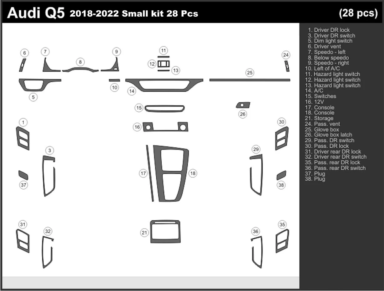 Audi Q5 2018-2022 Inleg dashboard Interieurset aansluitend en pasgemaakt op he 28-Teile Audi Q5 2018-2022 Inleg dashboard Interieurset aansluitend en pasgemaakt op he 28-Teile