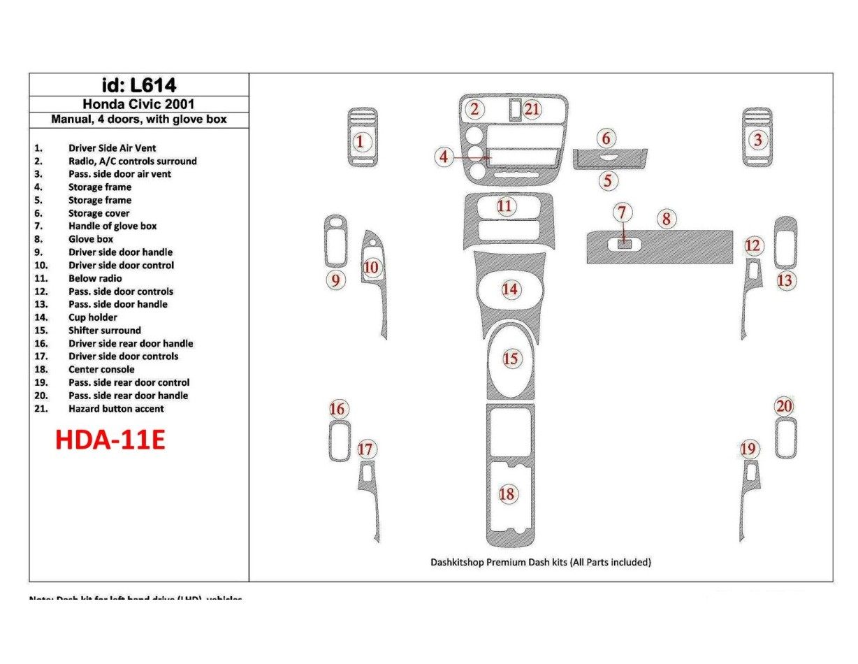 Honda Civic 2001-2001 Manual Gearbox, 4 Doors, with glowe-box, 21 Parts set BD innenausstattung armaturendekor cockpit dekor - 1