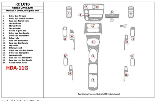 Honda Civic 2001-2001 boîte manuellebox, 4 Des portes, Sans lueur-boîte, 20 Parts set BD Kit la décoration du tableau de bord - 