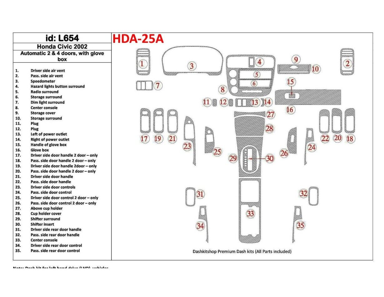 Honda Civic 2002-2002 Automatic Gearbox, 2 or 4 Doors, with glowe-box, 35 Parts set BD Interieur Dashboard Bekleding Volhouder