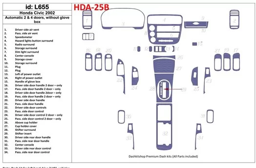 Honda Civic 2002-2002 Automatic Gearbox, 2 or 4 Doors, Without glowe-box, 34 Parts set BD innenausstattung armaturendekor cockpi