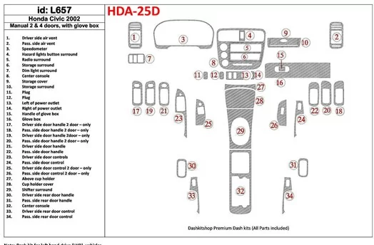 Honda Civic 2002-2002 boîte manuellebox, 2 or 4 Des portes, Avec lueur-boîte, 35 Parts set BD Kit la décoration du tableau de bo