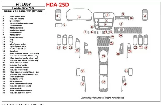 Honda Civic 2002-2002 Manual Gearbox, 2 or 4 Doors, with glowe-box, 35 Parts set Interior BD Dash Trim Kit