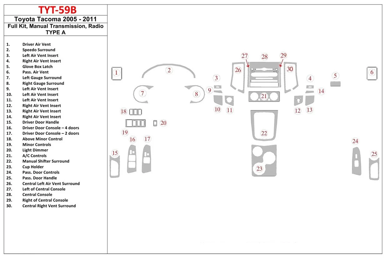 Toyota Tacoma 2005-UP Full Set, Manual Gear Box, Radio TYPE A Mascherine sagomate per rivestimento cruscotti Toyota Tacoma 2005-UP Full Set, Manual Gear Box, Radio TYPE A Mascherine sagomate per rivestimento cruscotti
