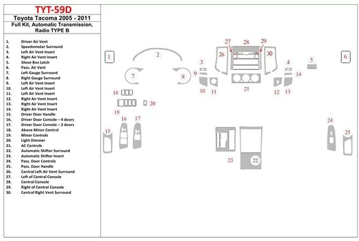 Toyota Tacoma 2005-UP Voll Satz, Automatic Gear, Radio TYPE B BD innenausstattung armaturendekor cockpit dekor Toyota Tacoma 2005-UP Voll Satz, Automatic Gear, Radio TYPE B BD innenausstattung armaturendekor cockpit dekor