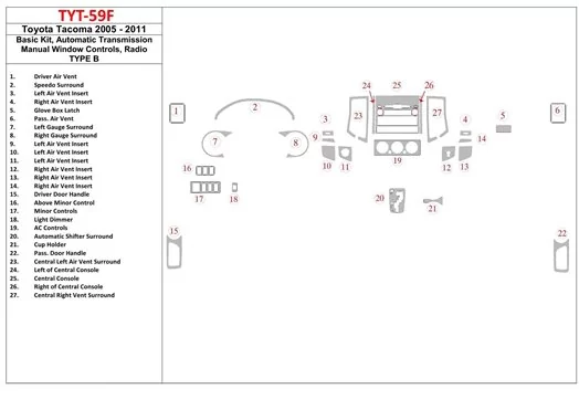 Toyota Tacoma 2005-UP BD Interieur Dashboard Bekleding Volhouder Toyota Tacoma 2005-UP BD Interieur Dashboard Bekleding Volhouder