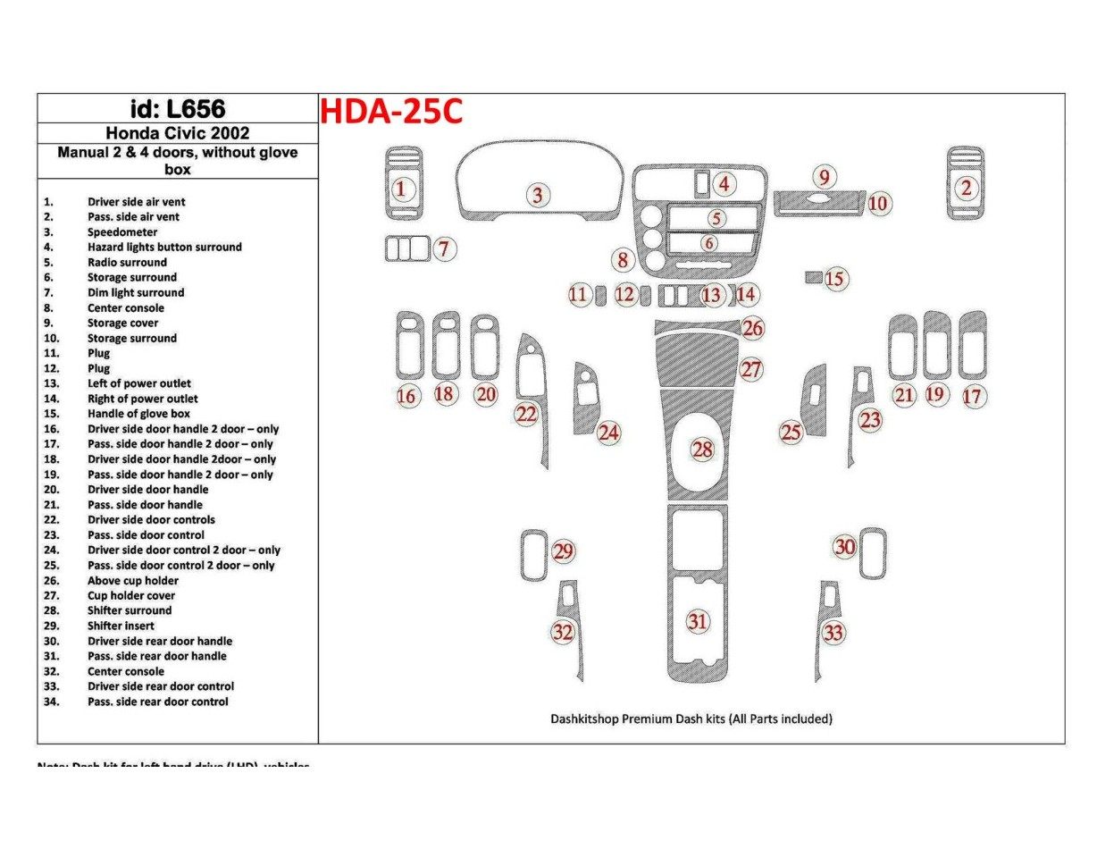 Honda Civic 2002-2002 boîte manuellebox, 2 or 4 Des portes, Sans lueur-boîte, 34 Parts set BD Kit la décoration du tableau de bo