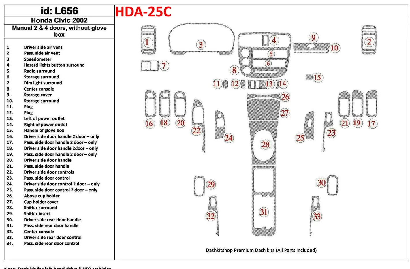 Honda Civic 2002-2002 Manual Gearbox, 2 or 4 Doors, Without glowe-box, 34 Parts set BD Interieur Dashboard Bekleding Volhouder