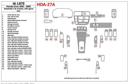 Honda Civic 2003-2005 Boîte automatique, 2 or 4 Des portes, Avec lueur-boîte BD Kit la décoration du tableau de bord - 1 - habil