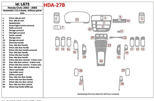 Honda Civic 2003-2005 Automatic Gear, 2 or 4 Doors, Without glowe-box BD innenausstattung armaturendekor cockpit dekor - 1- Cock