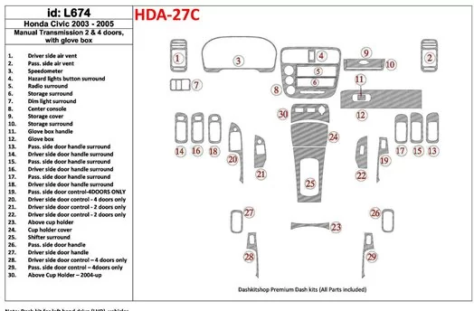 Honda Civic 2003-2005 boîte manuelle Box, 2 or 4 Des portes, Avec lueur-boîte BD Kit la décoration du tableau de bord - 1 - habi