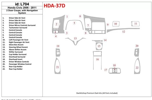 Honda Civic 2006-2011 2 Doors, With NAVI system BD innenausstattung armaturendekor cockpit dekor - 1- Cockpit Dekor Innenraum