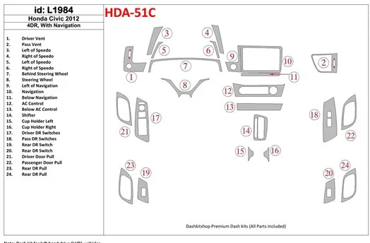 Honda Civic 2012-UP Sedan, Avec NAVI BD Kit la décoration du tableau de bord - 1 - habillage decor de tableau de bord