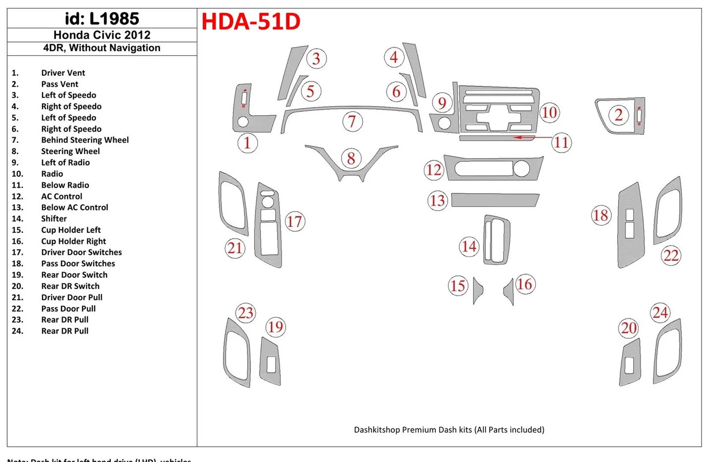 Honda Civic 2012-UP Sedan, Without NAVI Cruscotto BD Rivestimenti interni