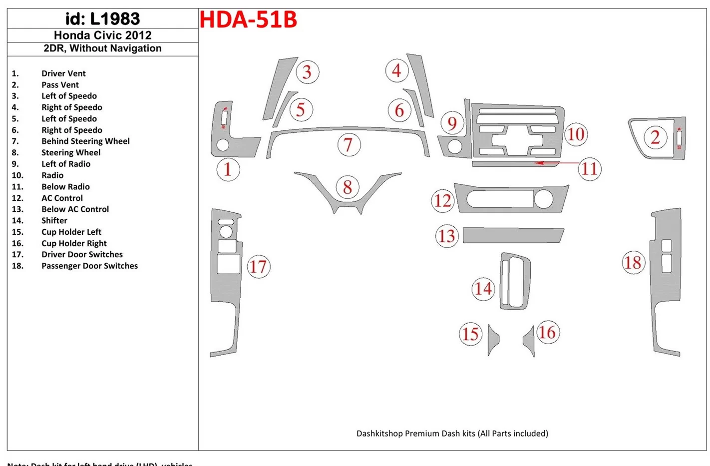 Honda Civic 2012-UP Without NAVI Cruscotto BD Rivestimenti interni