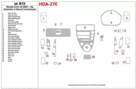 Honda Civic SI 2002-UP SI Model Cruscotto BD Rivestimenti interni