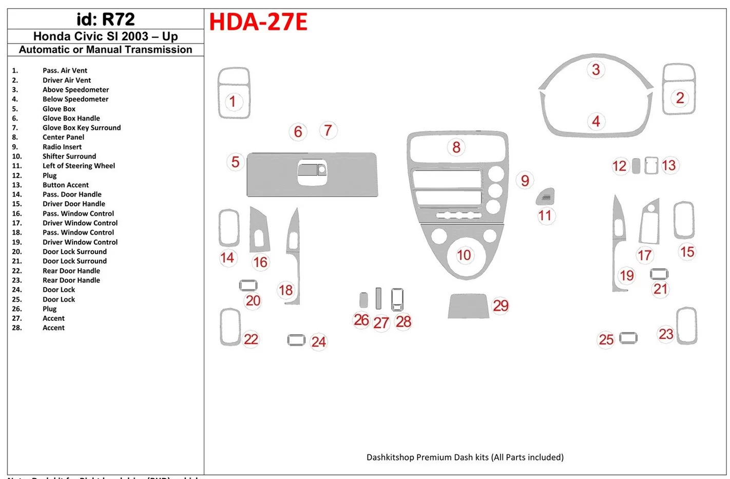 Honda Civic SI 2002-UP SI Model BD innenausstattung armaturendekor cockpit dekor - 1- Cockpit Dekor Innenraum