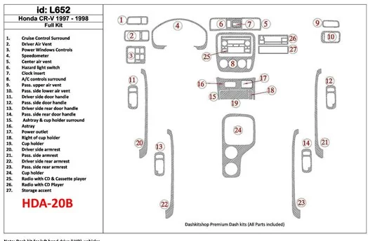 Honda CR-V 1997-1998 Full Set, 27 Pieces, BD Interieur Dashboard Bekleding Volhouder