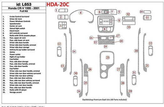 Honda CR-V 1999-2001 Full Set, 33 Parts set BD Interieur Dashboard Bekleding Volhouder