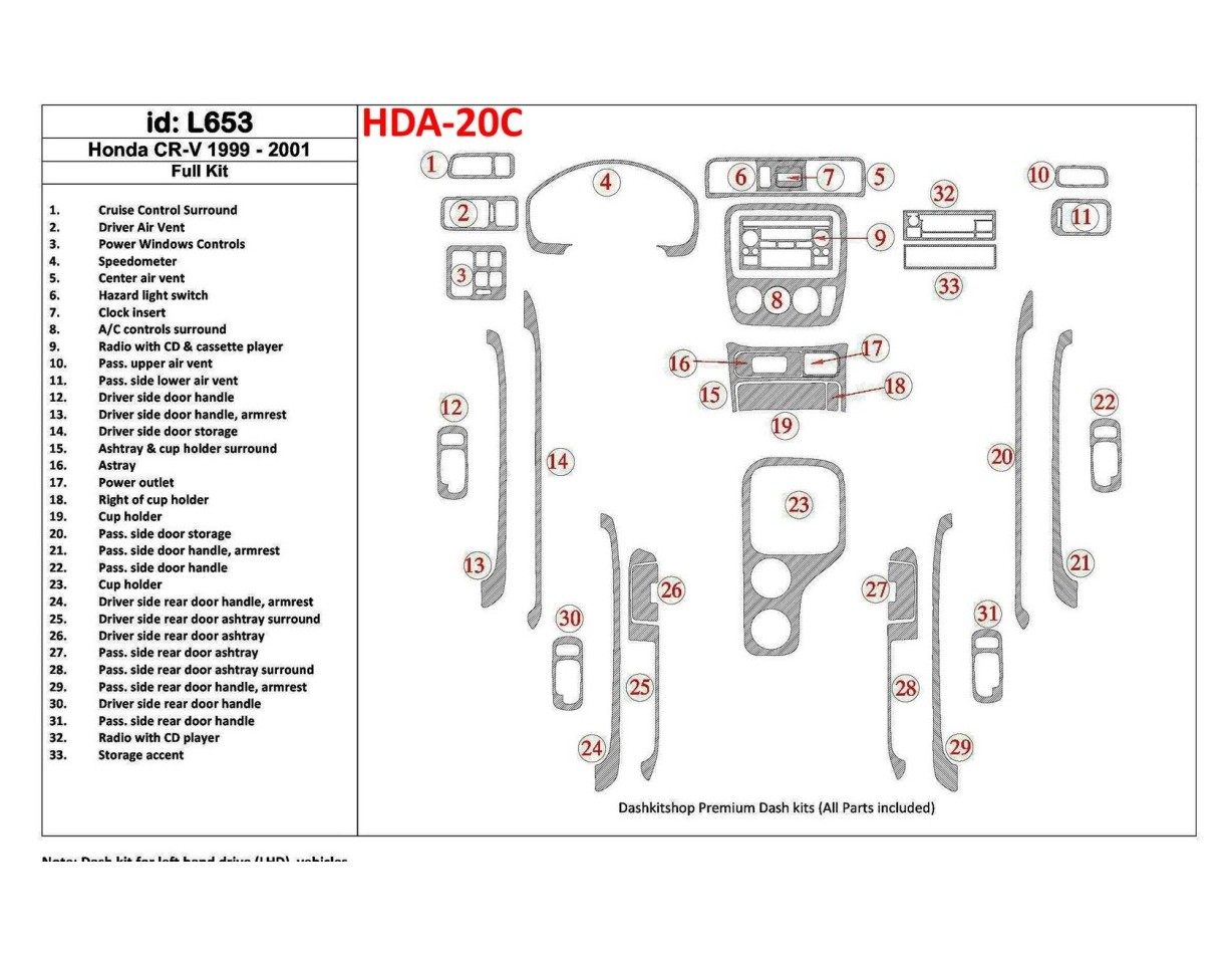 Honda CR-V 1999-2001 Ensemble Complet, 33 Parts set BD Kit la décoration du tableau de bord - 1 - habillage decor de tableau de 