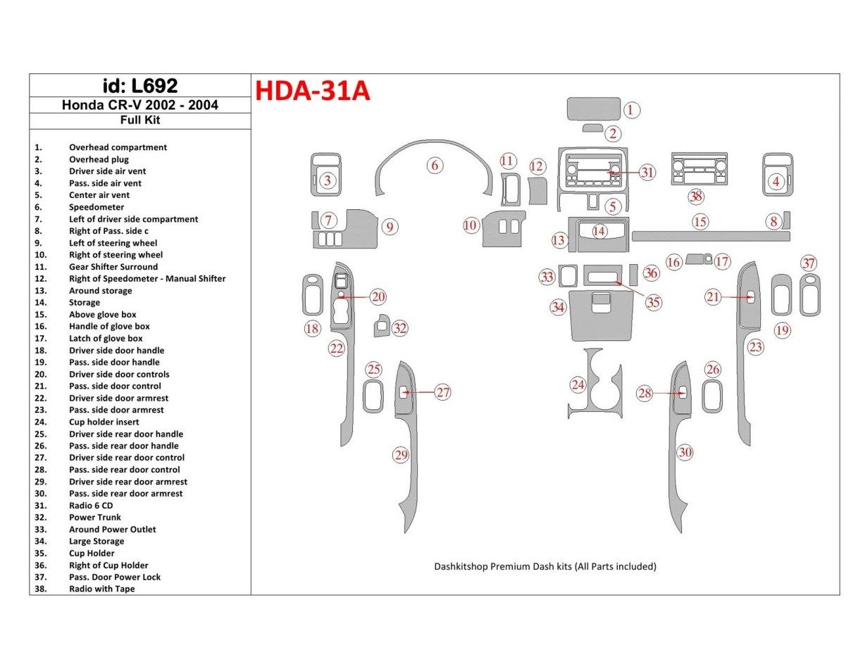 Honda CR-V 2002-2004 Voll Satz, 30 Parts set BD innenausstattung armaturendekor cockpit dekor - 1- Cockpit Dekor Innenraum