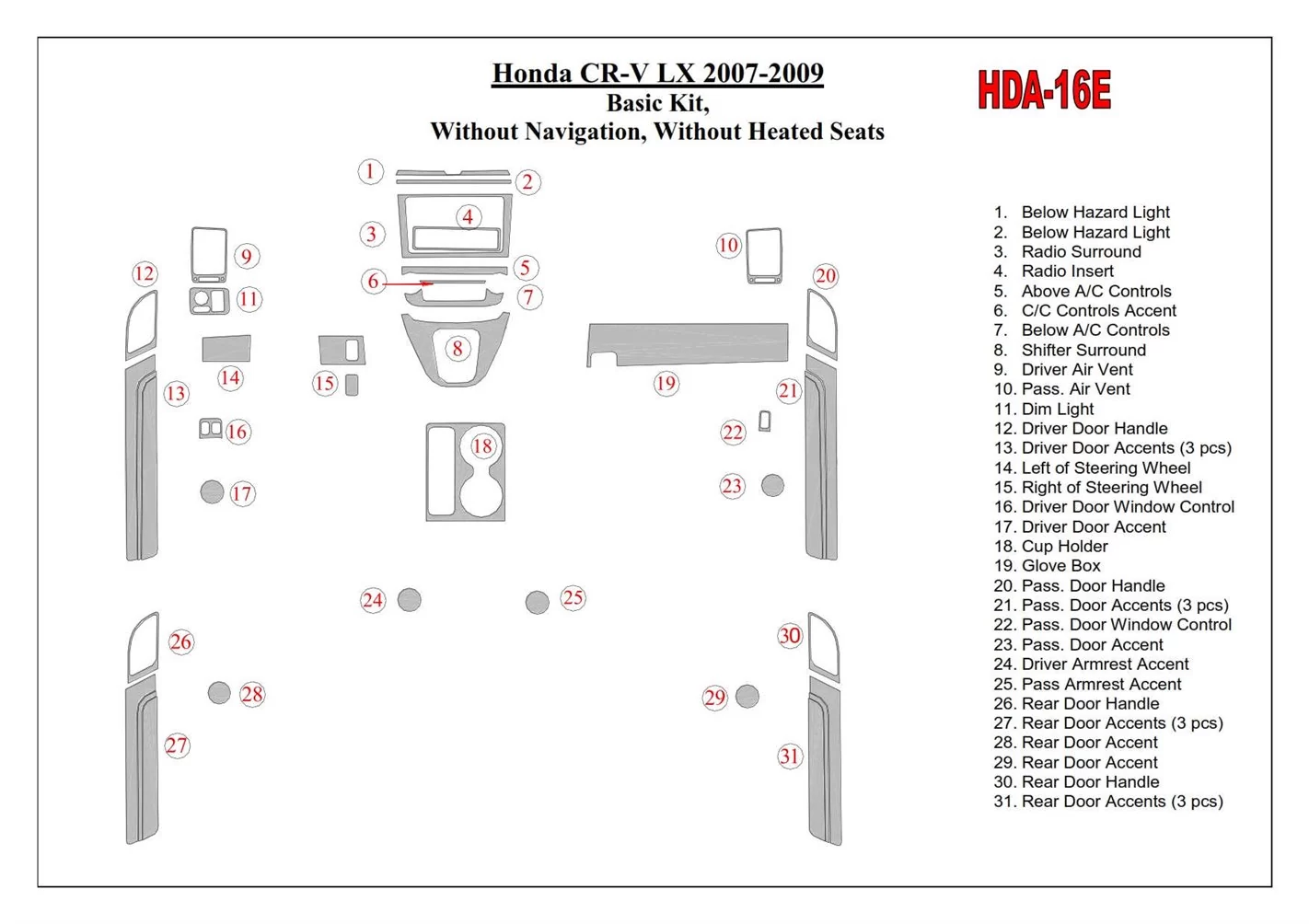 Honda CR-V 2007-2009 Basic Set, Without NAVI,with Heated Seats Cruscotto BD Rivestimenti interni