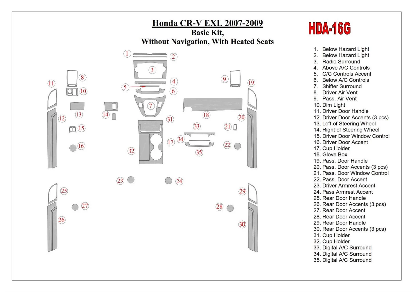 Honda CR-V 2007-2009 Basic Set, Without NAVI,with Heated Seats BD Interieur Dashboard Bekleding Volhouder