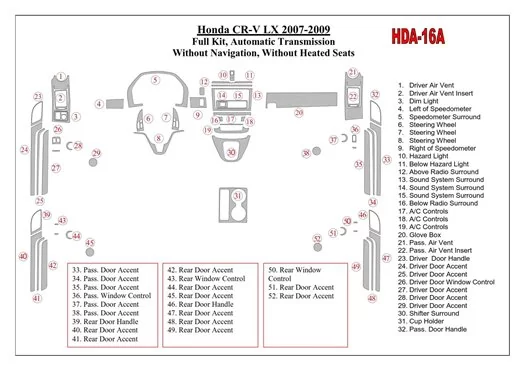 Honda CR-V 2007-2009 Ensemble Complet, Boîte automatique, Sans NAVI, Sans Heated Seats BD Kit la décoration du tableau de bord -