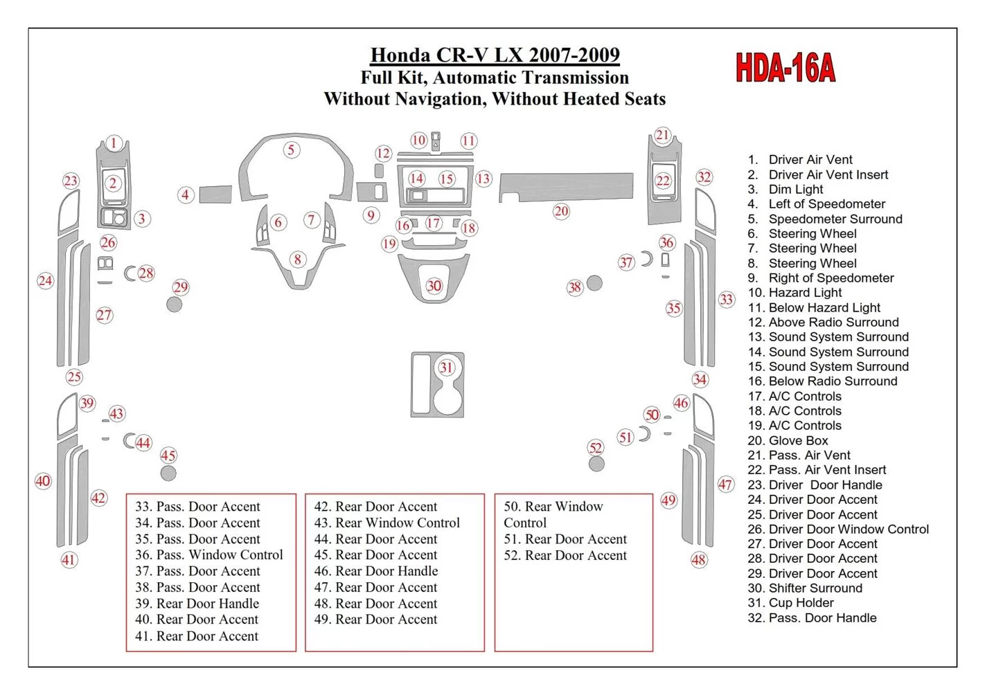 Honda CR-V 2007-2009 Ensemble Complet, Boîte automatique, Sans NAVI, Sans Heated Seats BD Kit la décoration du tableau de bord -