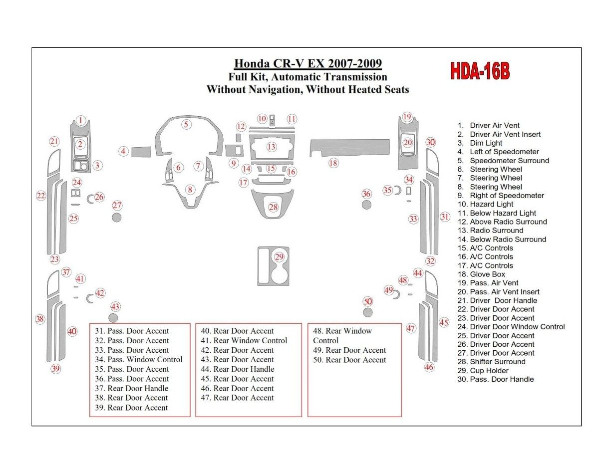 Honda CR-V 2007-2009 Full Set, EX Model, Automatic Gear, Without NAVI, Without Heated Seats Interior BD Dash Trim Kit