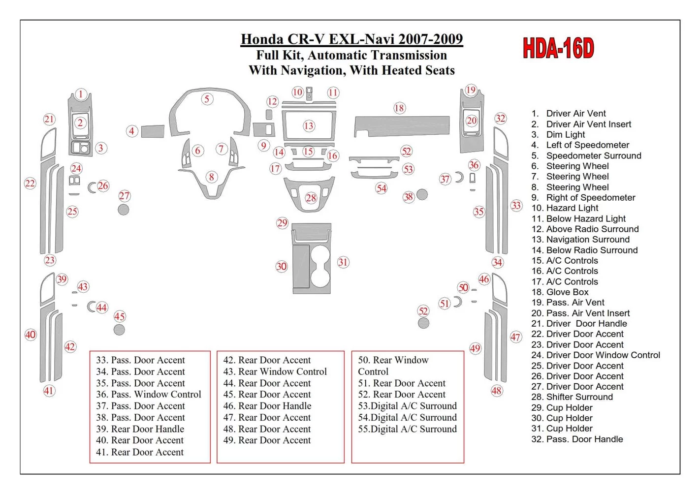 Honda CR-V 2007-2009 Full Set, EXL Model, Automatic Gear, With NAVI,with Heated Seats Cruscotto BD Rivestimenti interni